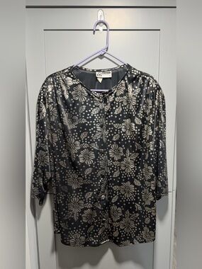 Black Satin Blouse with Silver Floral and Dot Print